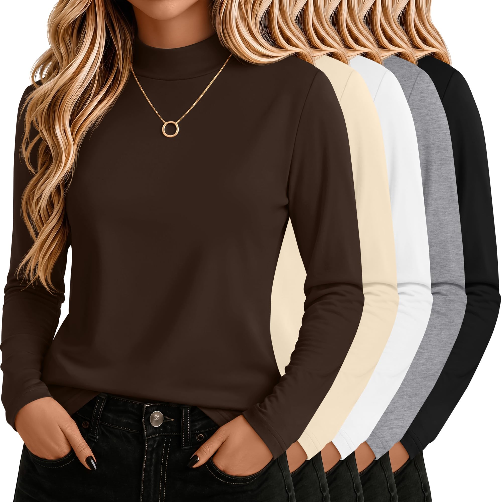 5 Pack Mock Turtleneck Cotton Shirts for Women