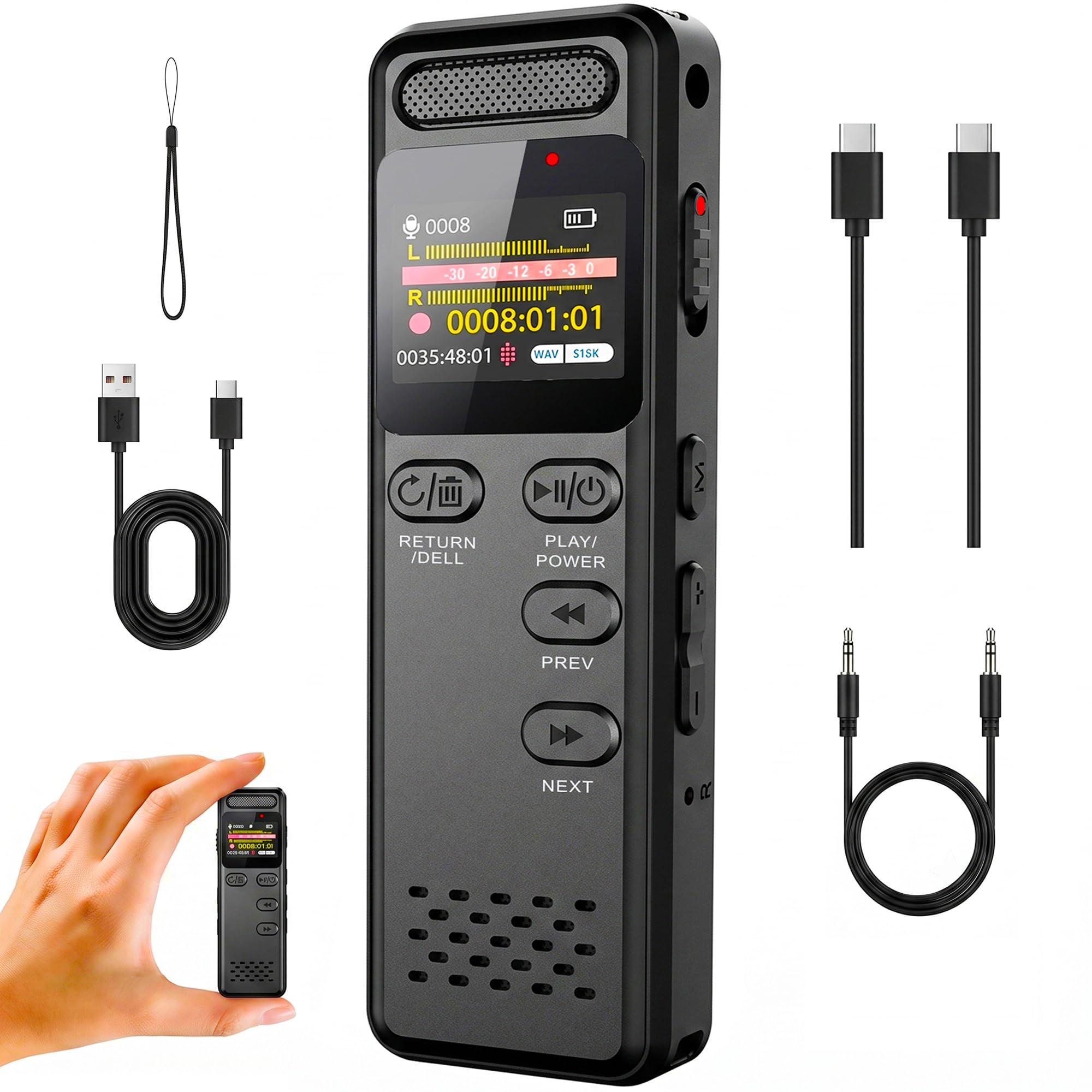 64GB Digital Voice Recorder with One Button 3072 Kbps HD Recording Noise Reducti