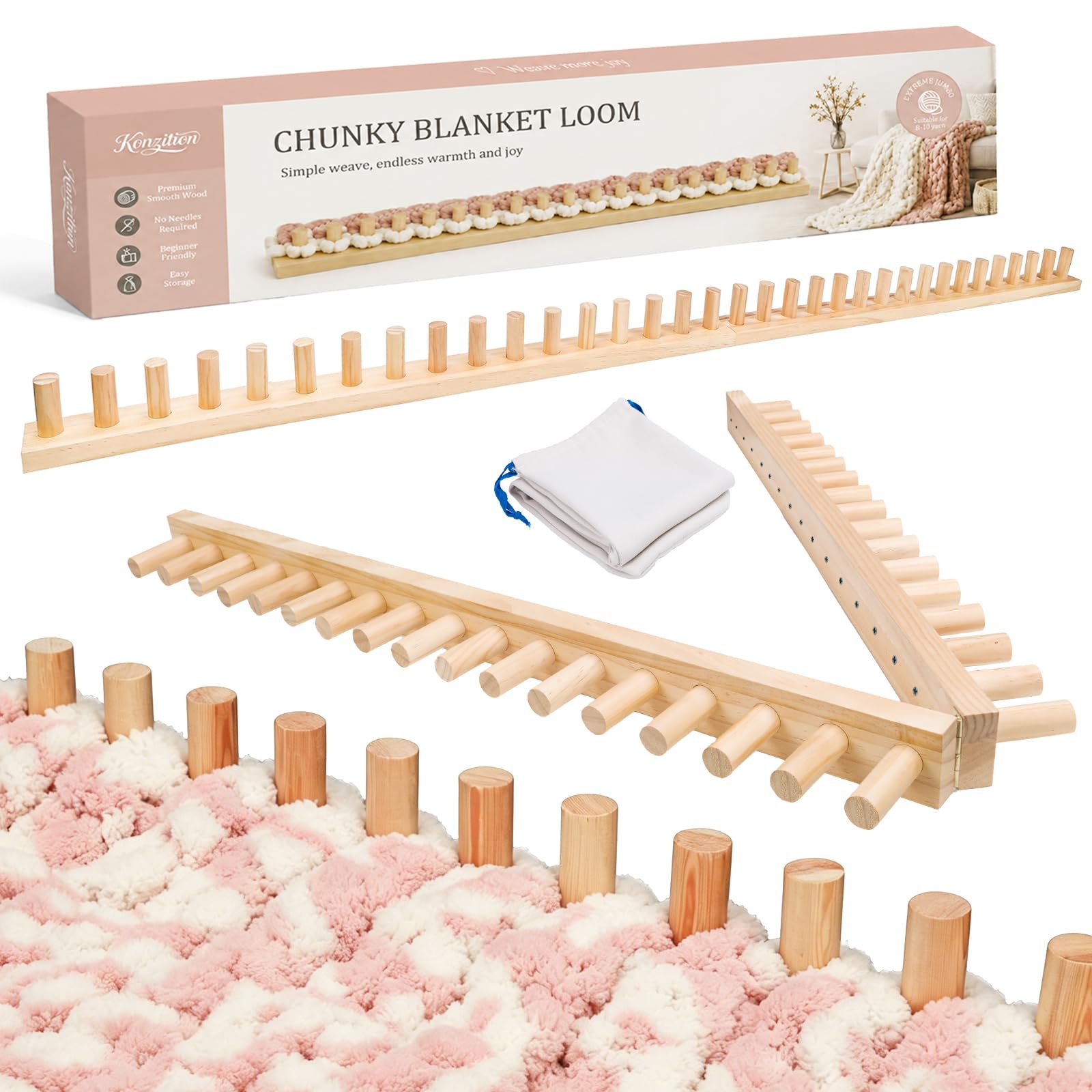 60" Solid Wood Chunky Blanket Loom for Chunky Yarn to Knit without Needles | Fol