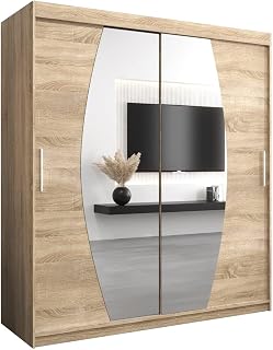 ABIKSMEBLE Elypse 180 Bedroom Wardrobe with Two Sliding Doors – Modern Wardrobe with Mirror, Bar and Shelves – 180 x 200 x 62 cm (W x H x D) – Sonoma
