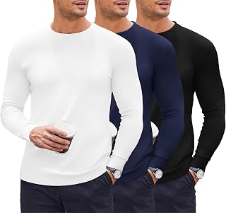 Ekouaer 3 Pack Thermal Vests for Men Long Sleeve Tops Crew Neck T-Shirt | soft microfleece base layer, stretchy warm t-shirts, easy undershirt, cosy winter basewear, daily wear & outdoor