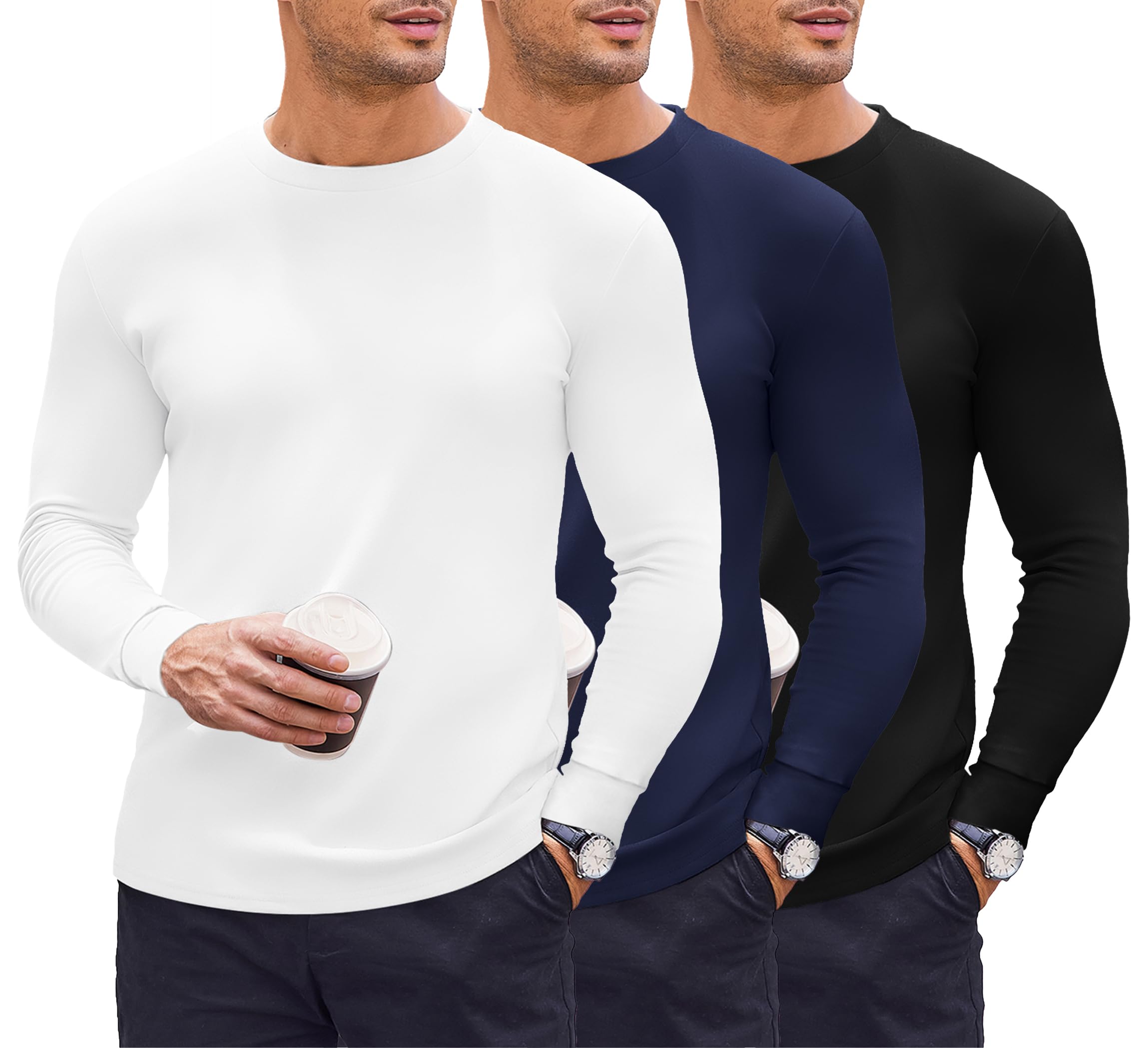Ekouaer 3 Pack Thermal Vests for Men Long Sleeve Tops Crew Neck T-Shirt | soft m