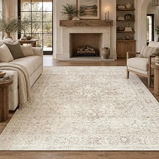 Fmfunctex 8x10 Washable Beige Neutral Oriental Large Living Room Area Rug | Cream Distressed Vintage Farmhouse Non Slip Low Pile Soft Thin Indoor Carpet Throw Bedroom Dining Room Office Nursery Tapis