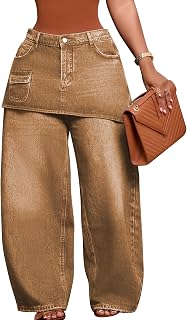 Famnbro Womens Wide Leg Cargo Jeans Baggy Overlay Skirt Denim Pants