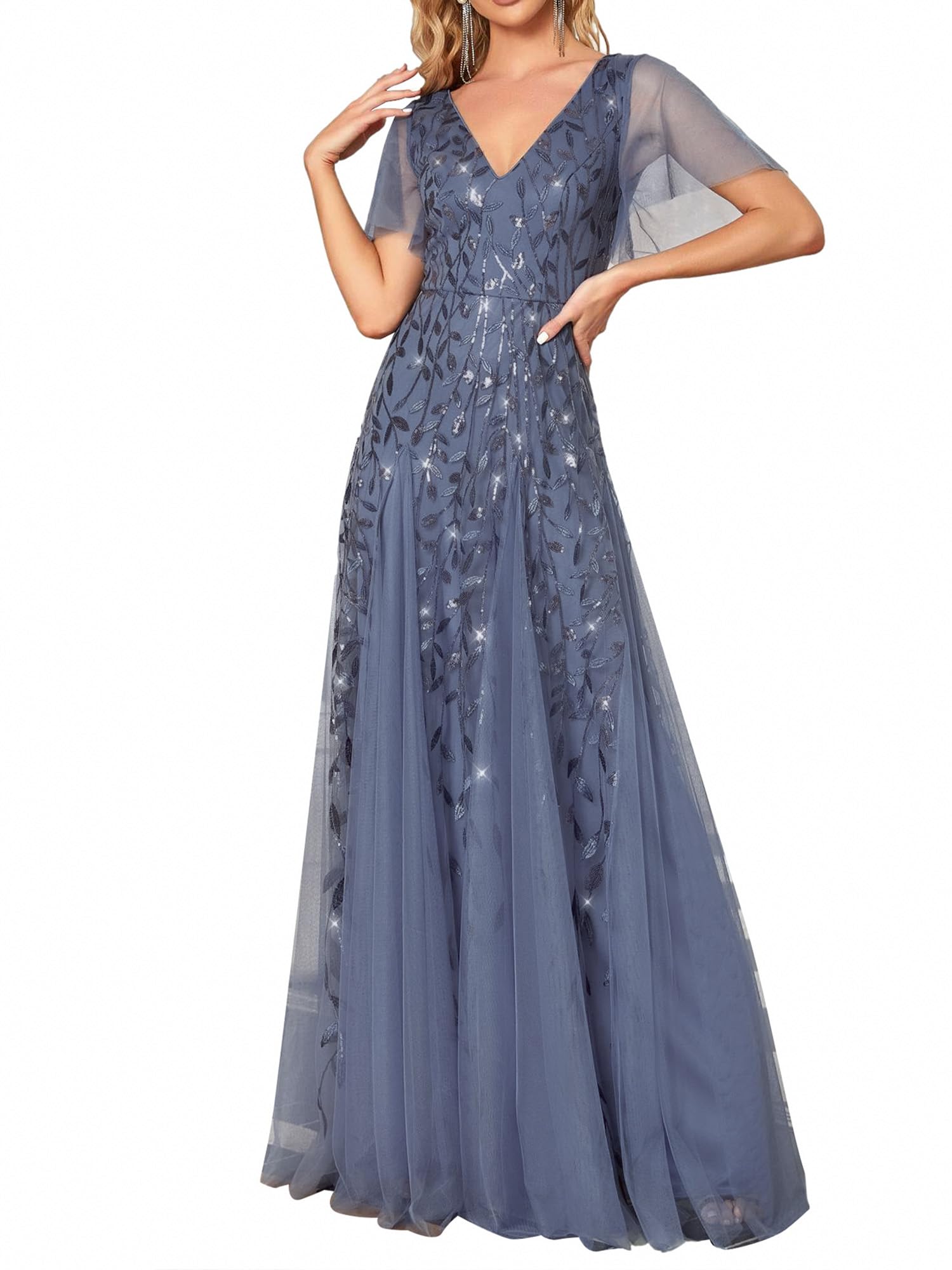 Ever-Pretty Elegant Tulle Short Sleeve V-Neck Evening Dress - 00734