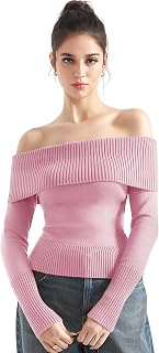 SUUKSESS Women Off Shoulder Sweaters Long Sleeve Ribbed Knit Fall Tops