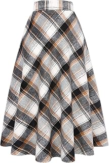 IDEALSANXUN Womens Plaid Wool Skirts Elastic Waist A-Line Pleated Tartan Long Skirts
