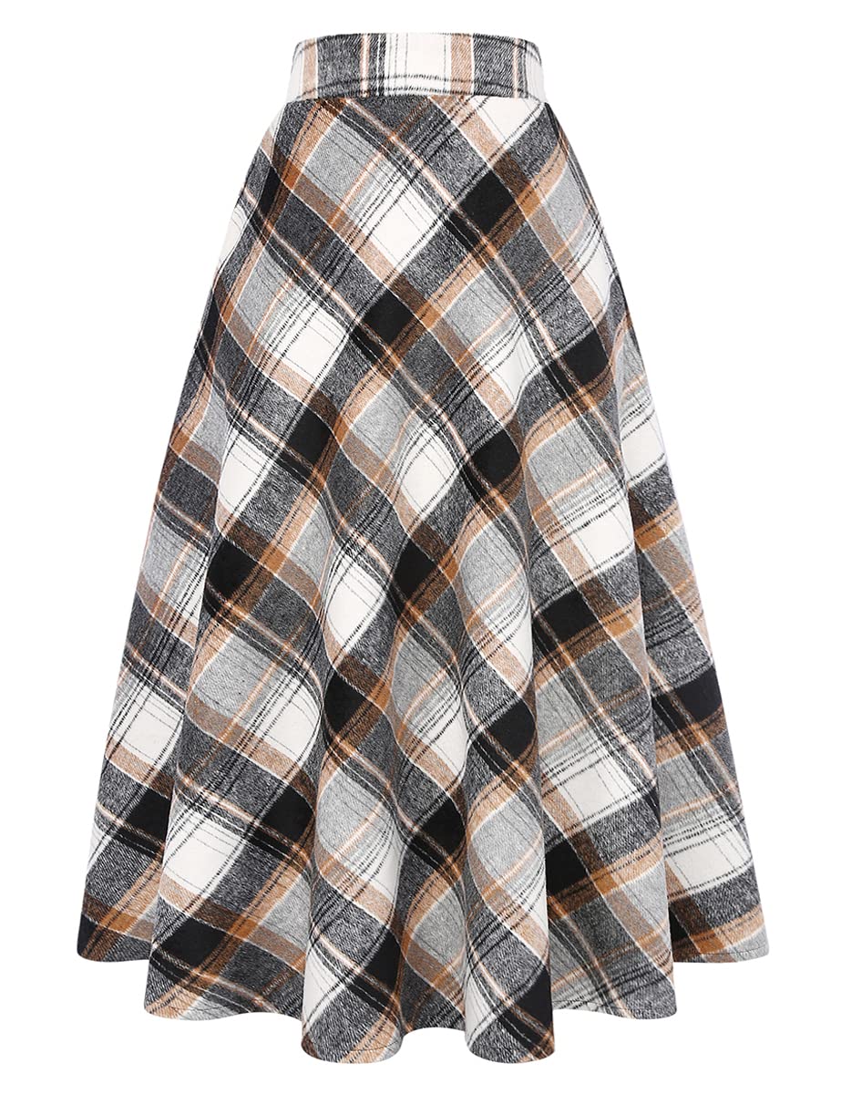 IDEALSANXUN Womens Plaid Wool Skirts Elastic Waist A-Line Pleated Tartan Long Sk