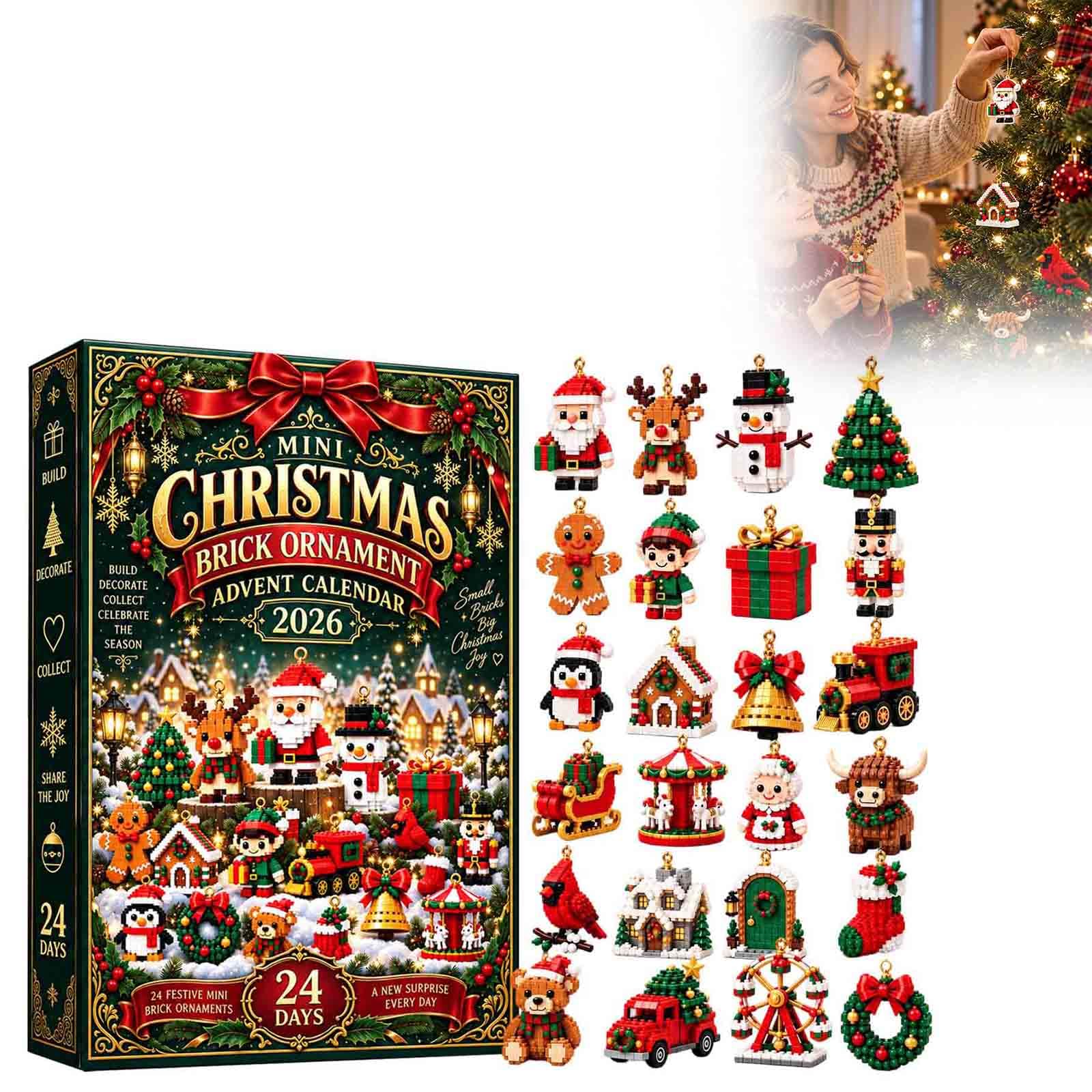 3D 24 Day Mini Christmas Brick Ornament Advent Calendar,24 Unique Buildable Holi