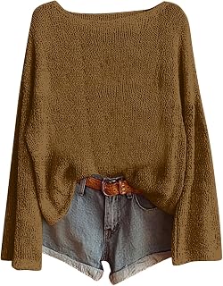 Womens Oversized Boat Neck Sweaters Tops Lightweight Fall Fashion Crochet Pullover Shirts Loose Going Out Sweaters