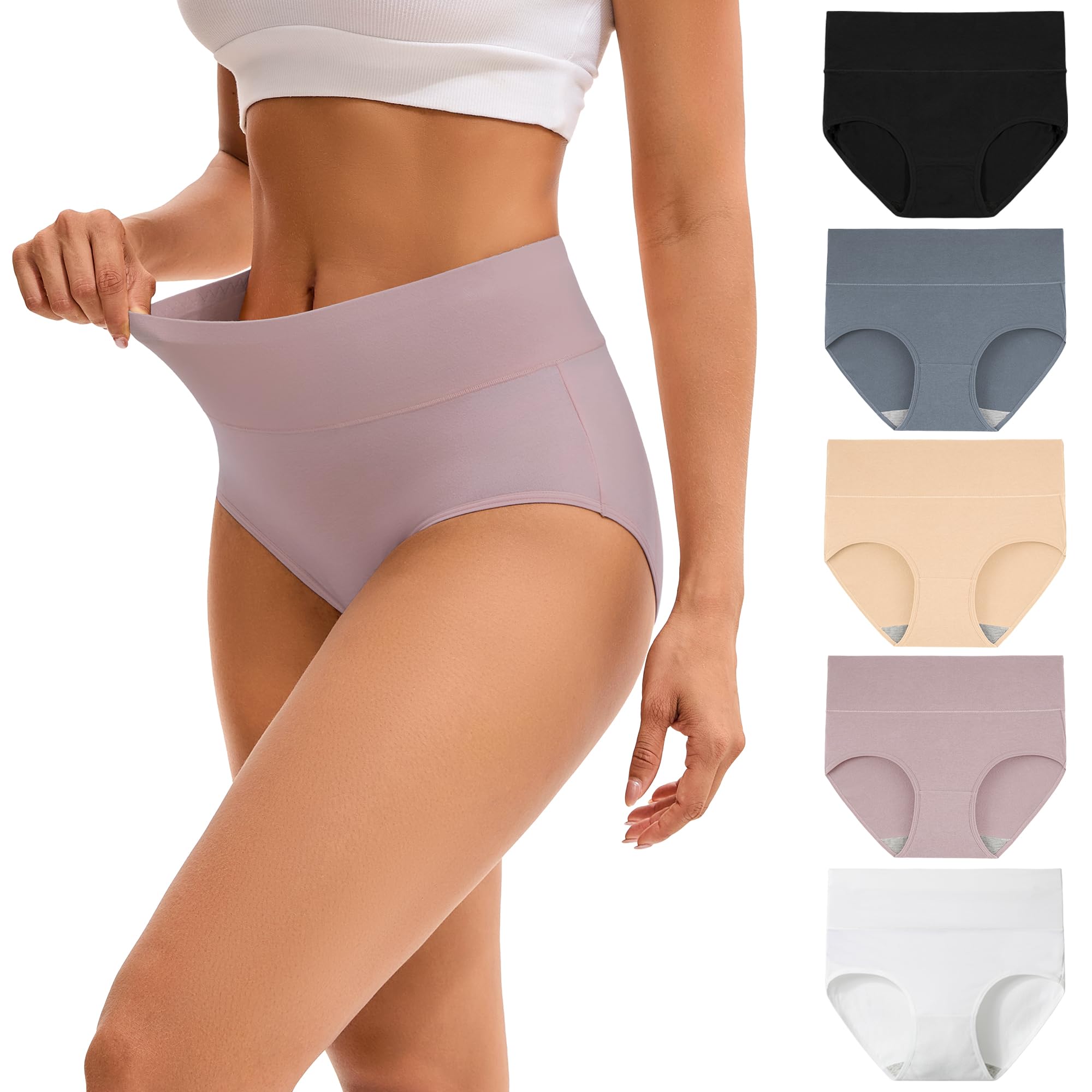 INNERSY Womens High Waisted Underwear Cotton Plus Size Ladies Panties 5-Pack