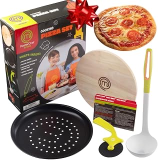 MasterChef Junior Pizza Cooking Set- 5 Pc Kit Includes Kids Real Cookware | Wooden Board, Roller, Sauce Ladle, Pan - Includes Unique Homemade Recipe Ideas- Must Have Holiday Gift for Little Chefs
