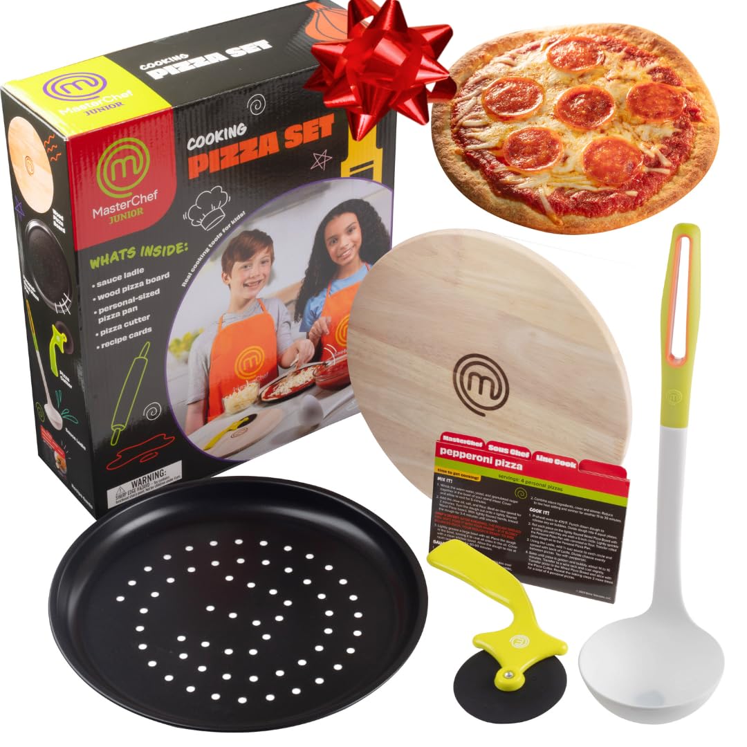 MasterChef Junior Pizza Cooking Set- 5 Pc Kit Includes Kids Real Cookware | Wood