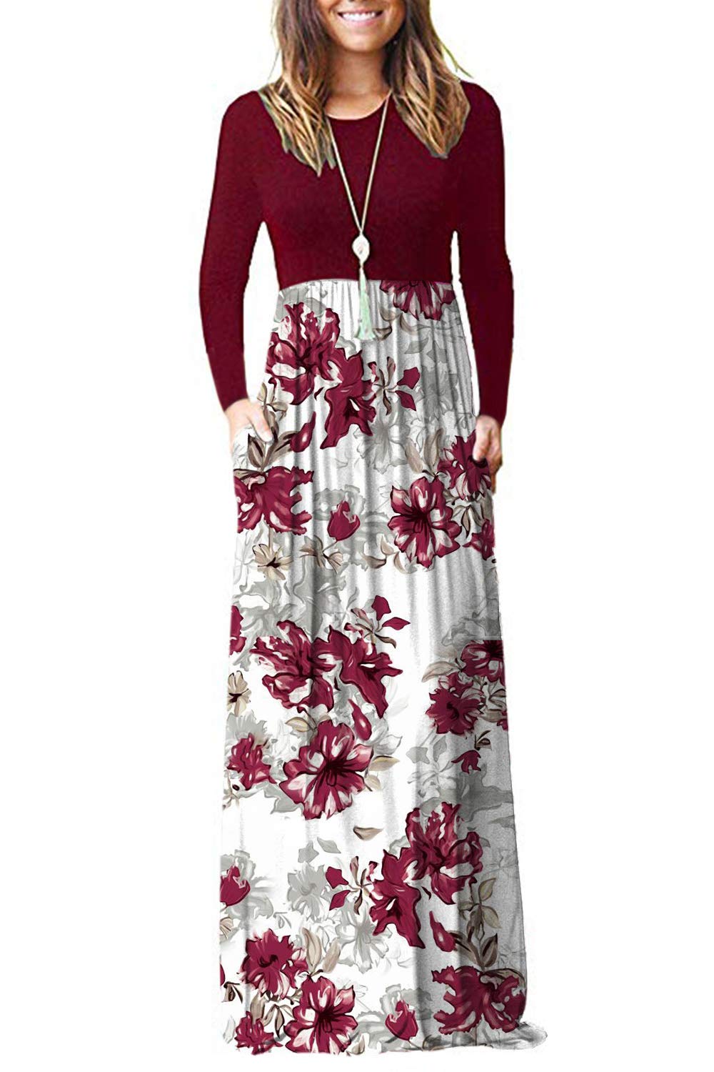 AUSELILY Womens Long Sleeve Maxi Dress Casual Empire Waist with Pockets
