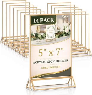 Daofary Acrylic Sign Holders 5x7, 14 Pack Double-Sided Tabletop Gold Frames | Clear Vertical Gold Acrylic Picture Frames for Table Numbers, Menus & Flyers for Wedding, Restaurant, Party & Reception, Cafe