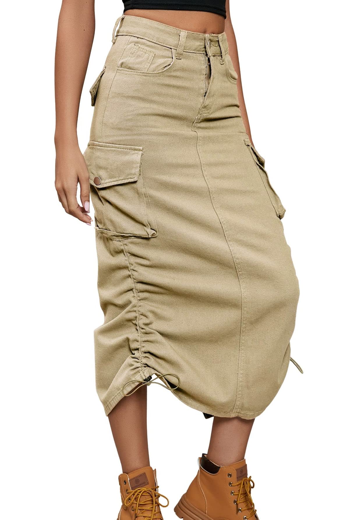 chouyatou Women's Y2K Cargo Skirt Jean Adjustable Casual A-Line Midi Long Denim 