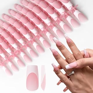 5 Pack Long Press On Nails Pre-Designed Matte Fake Nails Salon Light Pink White French Nail Art Tips with Adhesive Tab for Daily Nail Gift
