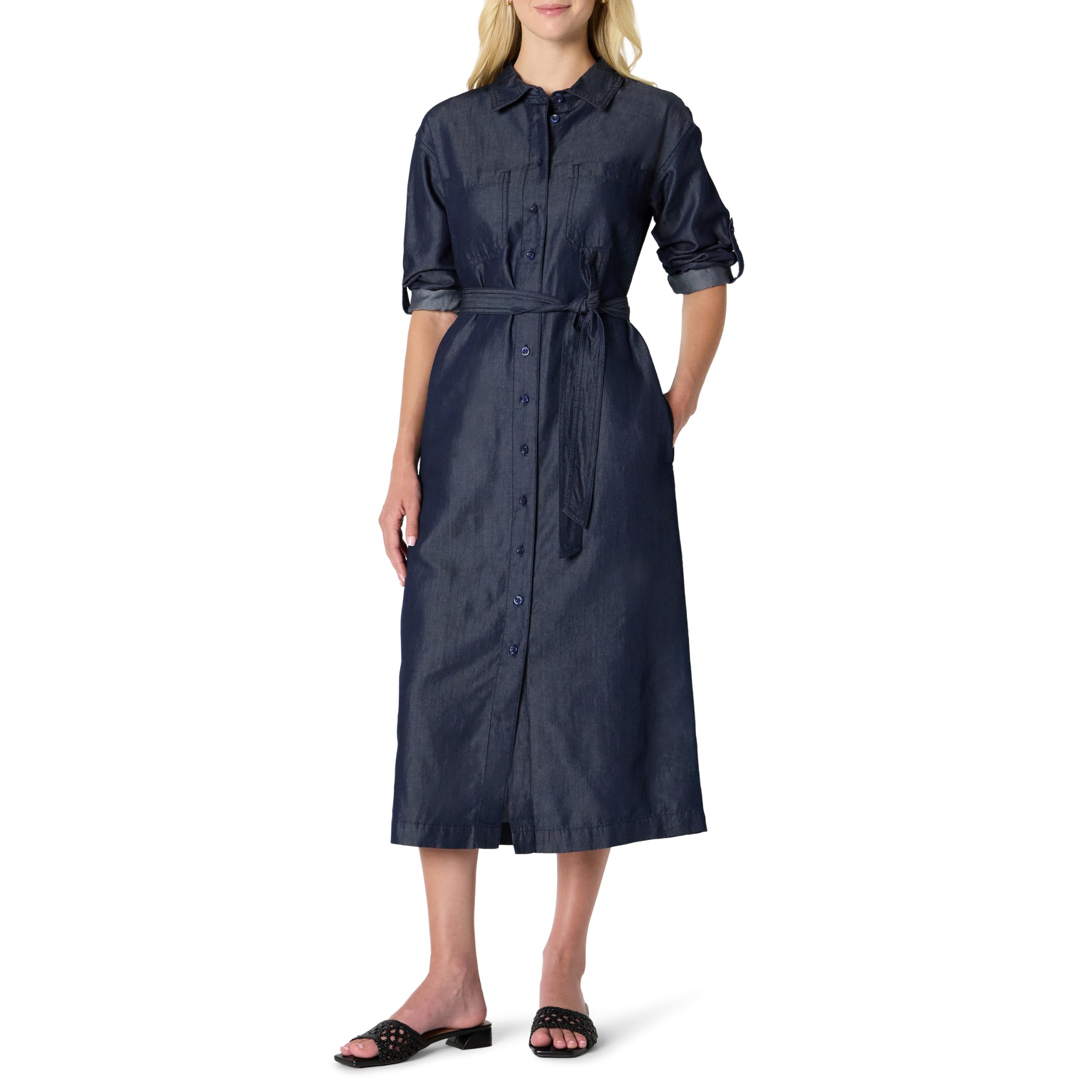 Amazon Essentials Women's Standard Cut Button Down Long Sleeve Denim Cambray Mid