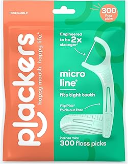 Plackers Micro Line Floss Picks, Intense Mint, 300 Count | Floss fiber made without PTFE, Fits tight teeth, Fold-out toothpick, QuickFix Grip, Resealable bag, 2x Stronger