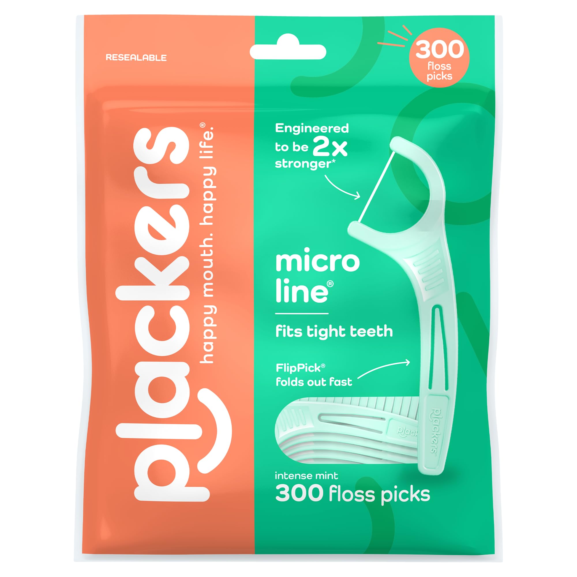 Plackers Micro Line Floss Picks, Intense Mint, 300 Count | Floss fiber made with