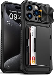 Vihibii for iPhone 15 Pro Max Case Wallet with Card Holder (4 Cards), Black | Slide Camera Cover, Kickstand, Military Grade Drop Protection, Rugged Hard Back, Silicone Edge Wallet Phone Case, 2023, Black
