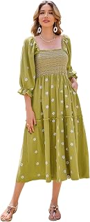 R.Vivimos Women's Long Sleeve Cotton Boho Midi Dress Vintage Square Neck Floral Embroidered Tiered Ruffle Flowy Pockets Dress