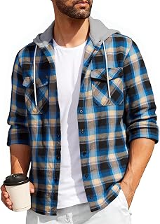 SwissWell Men's Shirt Flannel Sweatshirts Men's Plaid Shirt Long Sleeve Casual Hooded Shirt M-3XL