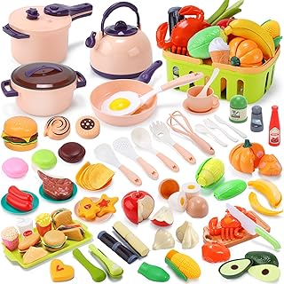 CUTE STONE Kids Play Kitchen Accessories Toy, Complete Cooking Playset with Peelable & Cuttable Play Food, Pots & Pans, Utensils, Shopping Basket, Tray, Learning Gift for Toddlers Age 3-6