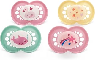 MAM Original Day & Night Dummies, 6-18M, 4 Pack, Orthodontic, Pink | SkinSoft Silicone Teat, Sustainable Materials, Baby Accessories for Newborn (Designs Vary)