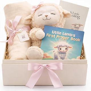 Baptism Gifts for Girl - Christening & Dedication 5-Piece Keepsake Set | Ready-to-Gift Box: 10" Praying Lamb Plush with Pink Bow, Bamboo Muslin Blanket, First Prayer Book & Card.