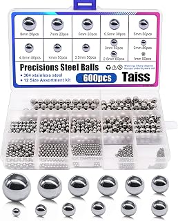 Taiss 600pcs Ball Bearings, 12 Size 1mm/2mm/2.5mm/3mm/3.5mm/4mm/4.5mm/5mm/5.5mm/6mm/7mm/8mm Stainless Steel Precision Balls Metric Bicycle Bearings Assortment Kit K-085-600