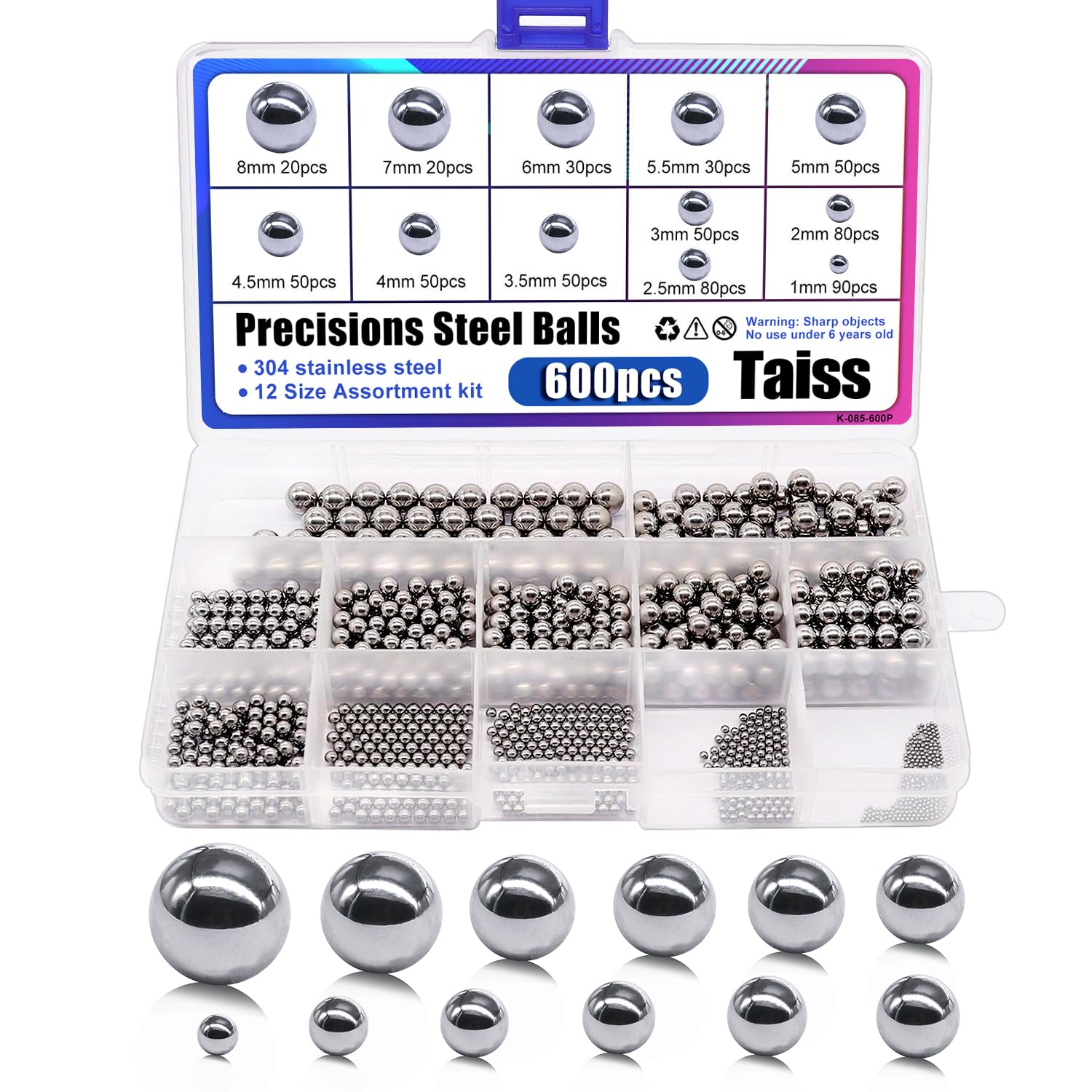 Taiss 600pcs Ball Bearings, 12 Size 1mm/2mm/2.5mm/3mm/3.5mm/4mm/4.5mm/5mm/5.5mm/