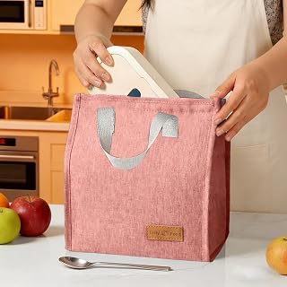 Portable Soft Shell Rectangle Lunch Bag with Oxford Cloth Handle for Office, Work, Travel, Daily Use (Pink)
