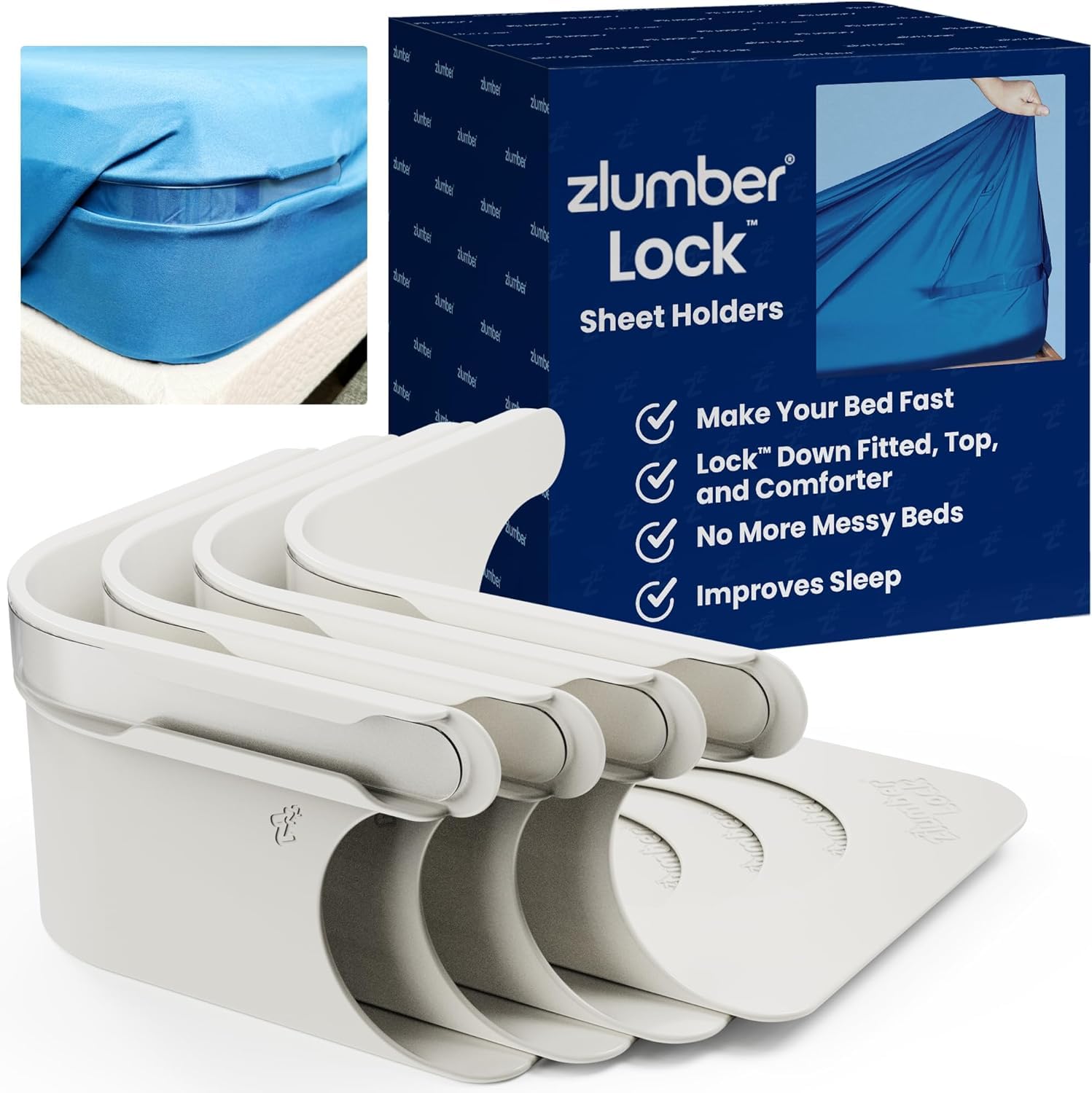 ZlumberLock US Patented Bed Sheet Holders for Corners, 4-Pack | One-time setup, 