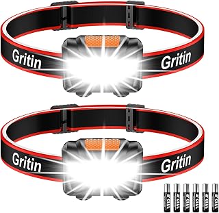 Gritin LED Head Torch, [2 Pack]Super Bright Headlamp Headlight with 3 Modes | Waterproof, Battery Powered LED Lightweight for Camping, Outdoors, Emergency, Running [6 AAA Batteries Included]