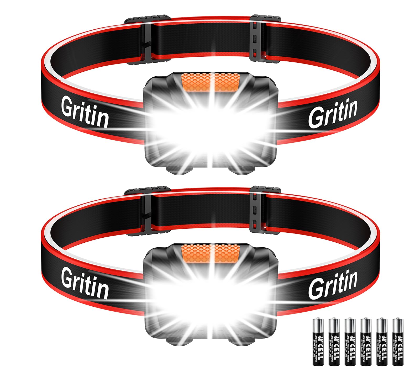 Gritin LED Head Torch, [2 Pack]Super Bright Headlamp Headlight with 3 Modes | Wa