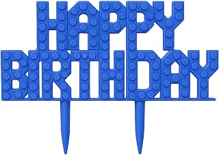 Bricks Compatible Happy Birthday Cake Topper – Brick Party Theme | Block system Custom Birthday Decoration | Cake Decoration For Men (Blue)