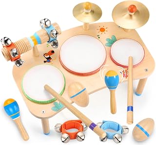 Wingyz Kids Drum Set, 11-in-1 Wooden Musical Instruments for Toddlers | Low-noise Montessori Music Toys with Drums, Cymbals, Maracas and Wrist Bells for Rhythm play,1st birthday gifts