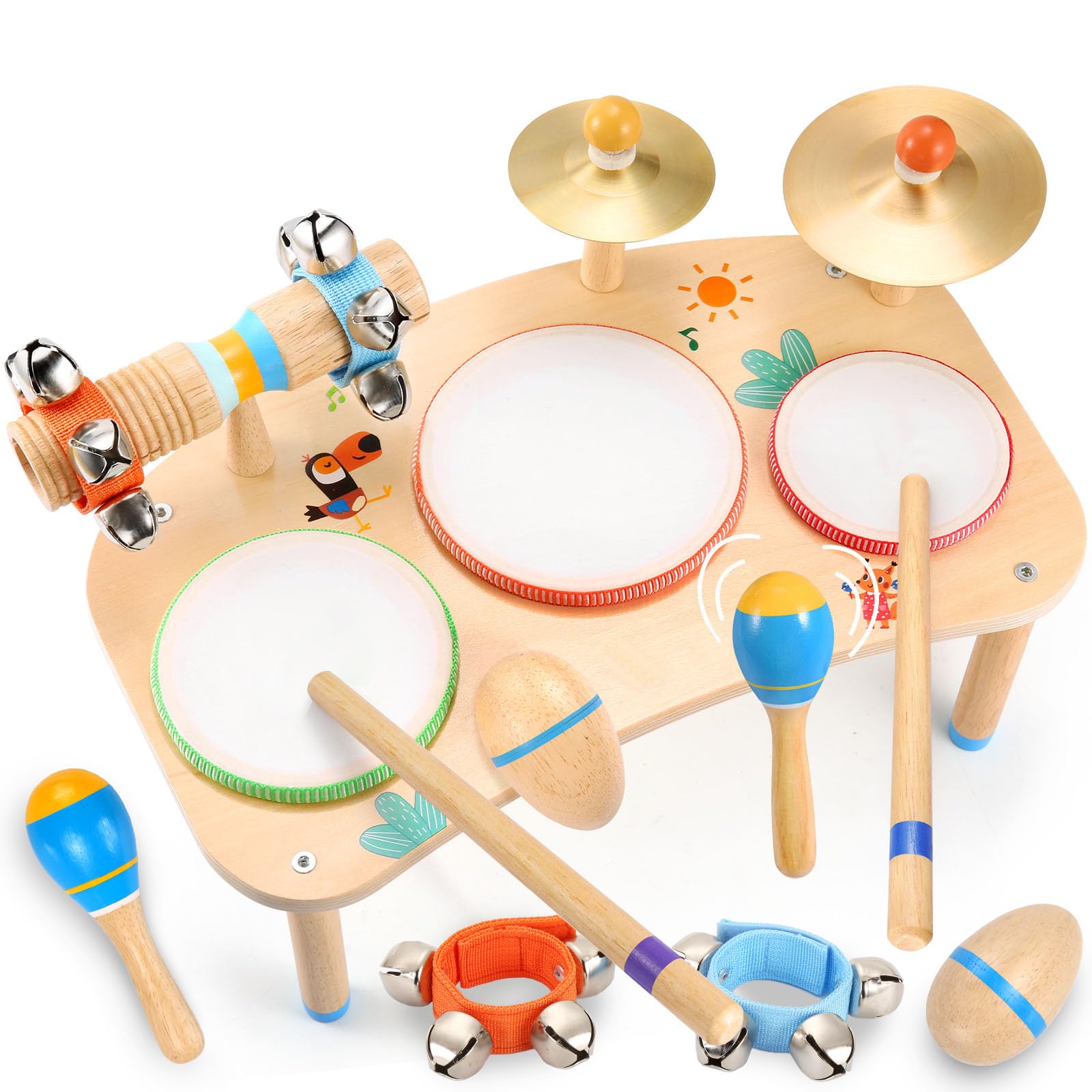 Wingyz Kids Drum Set, 11-in-1 Wooden Musical Instruments for Toddlers | Low-nois