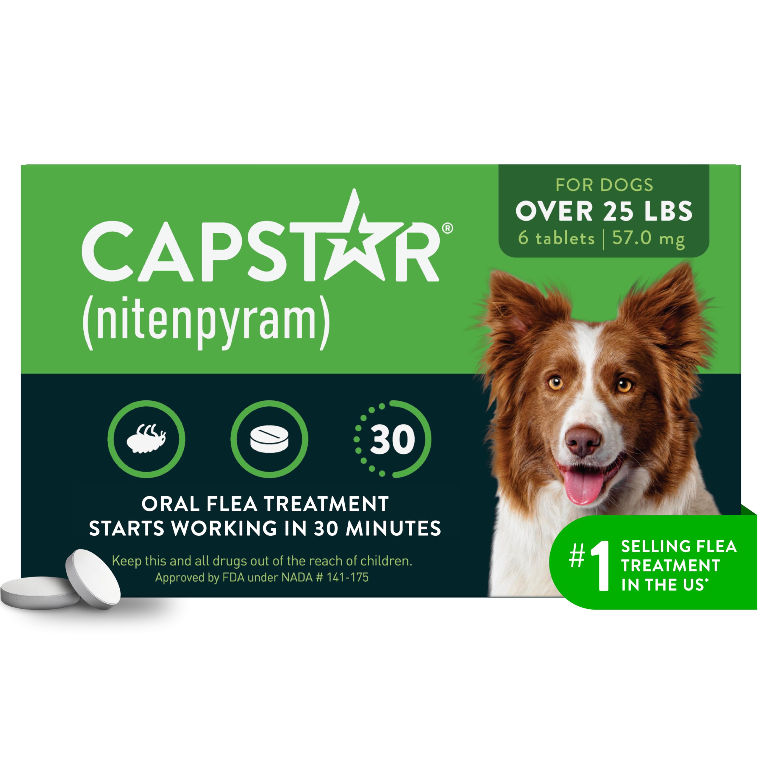 Capstar Oral Flea Tablets Dogs 25+ lbs, Nitenpyram, 6-Dose | Ideal for Dogs 25+ 