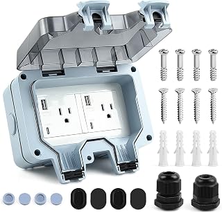 Delgada Outdoor Electrical Outlet Waterproof with USB Type A+C 15 Amp Outdoor Power Socket 110-250V Outside Plug Receptacle Outlet Box for Lights Gardens Power Strips