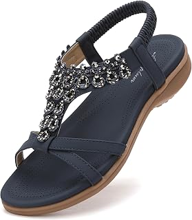 Littleplum Sandales élégantes pour femme avec soutien de la voûte plantaire et strass - Chaussures d'été confortables avec sangle de cheville - Chaussures plates élastiques pour la plage