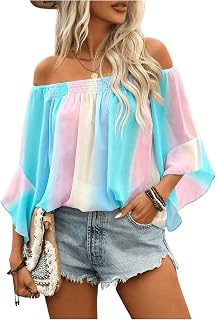Floerns Women Boho Off Shoulder 3/4 Bell Sleeve Summer Blouse