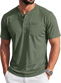 MAGCOMSEN Henley-Hemd für Herren, kurzärmelig, Baumwolle, 3 Knöpfe, Rundhalsausschnitt, T-Shirt mit Tasche, lässig, einfarbig, für den Sommer und den Alltag