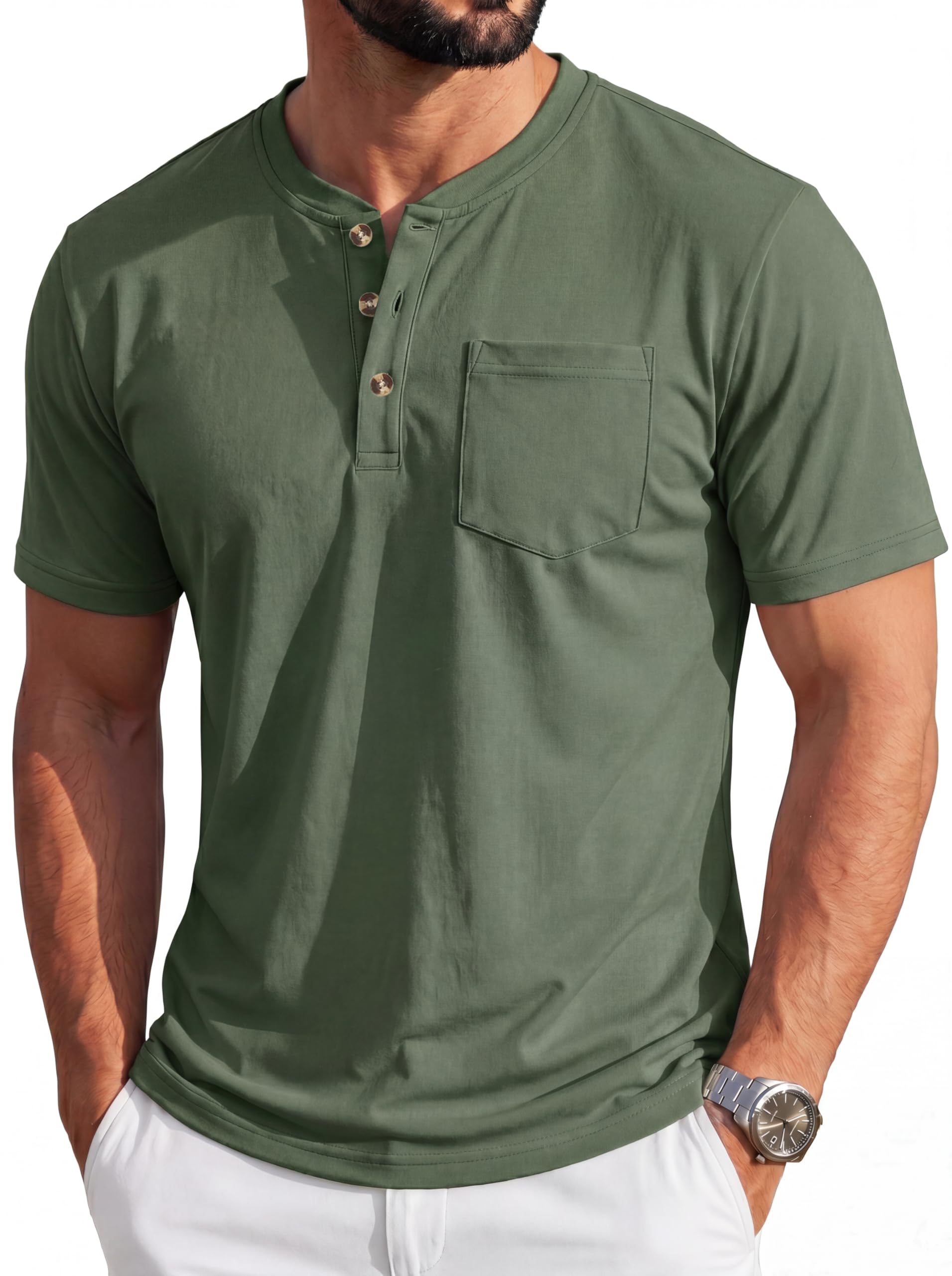 MAGCOMSEN Henley-Hemd für Herren, kurzärmelig, Baumwolle, 3 Knöpfe, Rundhalsauss