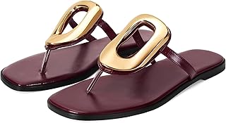Flip-Flops for Women Thong Sandals Flat Slip on Slides Beach Comfort Open Square Toe Ladies Slipper Dressy Metal Hardware Decoration Summer Shoes Casual Fashion