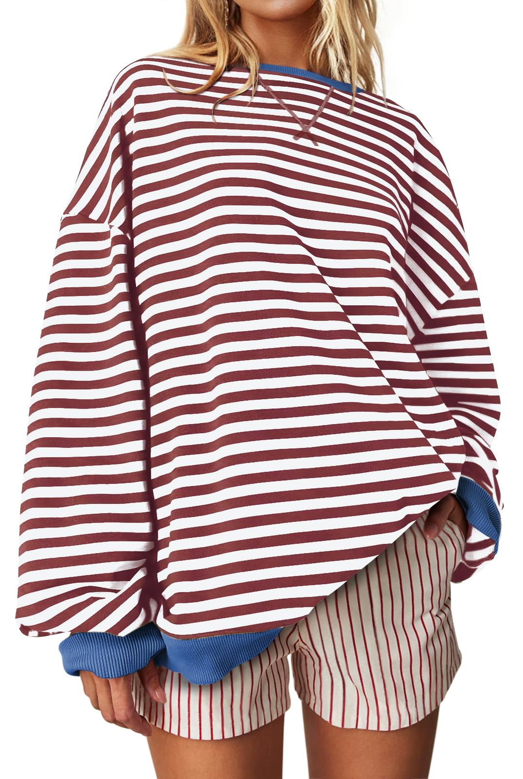 UEU Women Plus Size Striped Crew Neck Long Sleeve Color Block Casual Sweatshirts