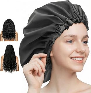 Aquior Extra Adjustable Shower Caps, Double-Layer Waterproof Reusable Hair Cap, Large Size for All Hair, Girls Spa Bath, Soft and Comfortable (Black)