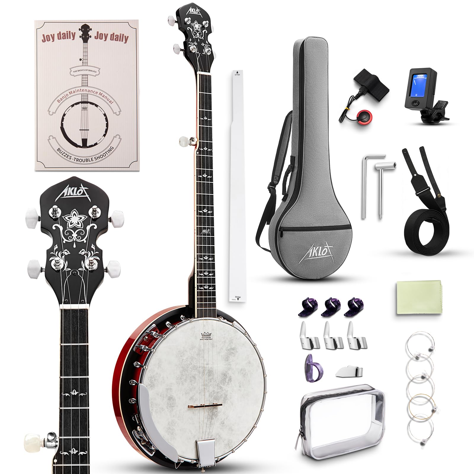 AKLOT Full-Sized Banjo Set: 38’’ 5 String Banjo with Remo Head, Removable Resona