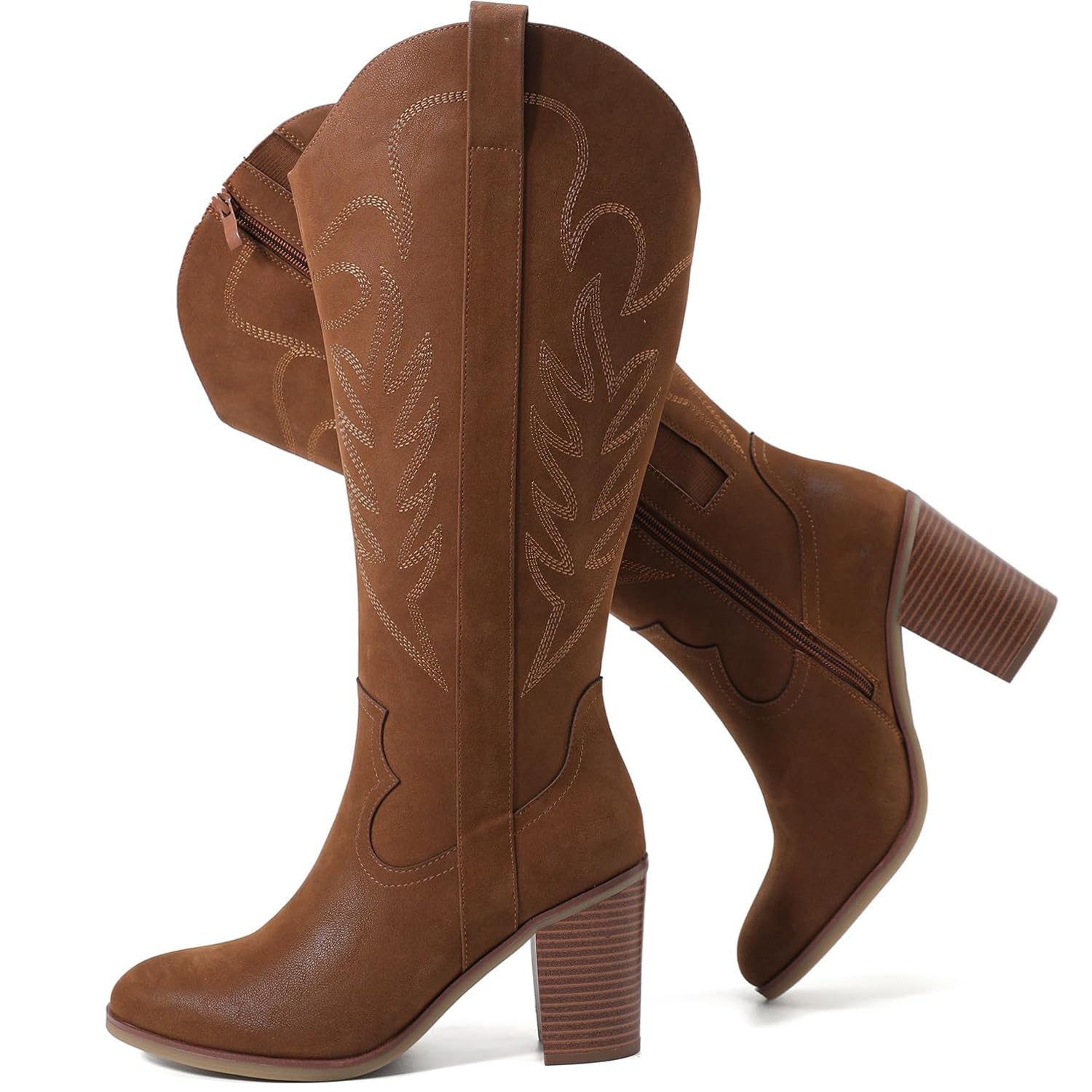 Luoika Ladies Extra Wide Knee High Wide Width Cowgirl Boots Wide Heel Plus Size 